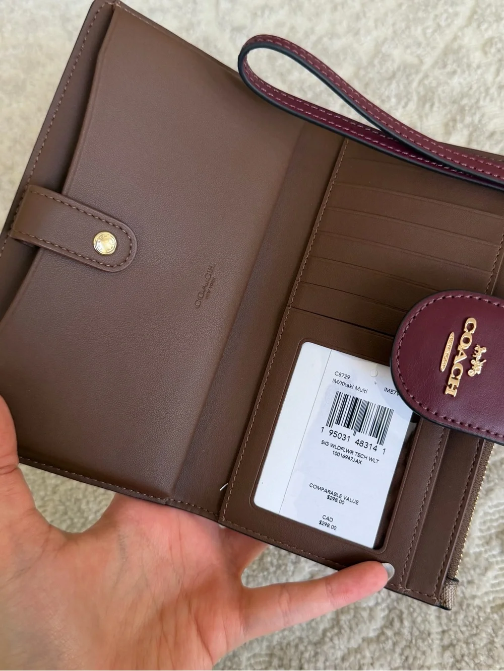 Coach Brown Wallet with Burgundy Snap and Gold Logo